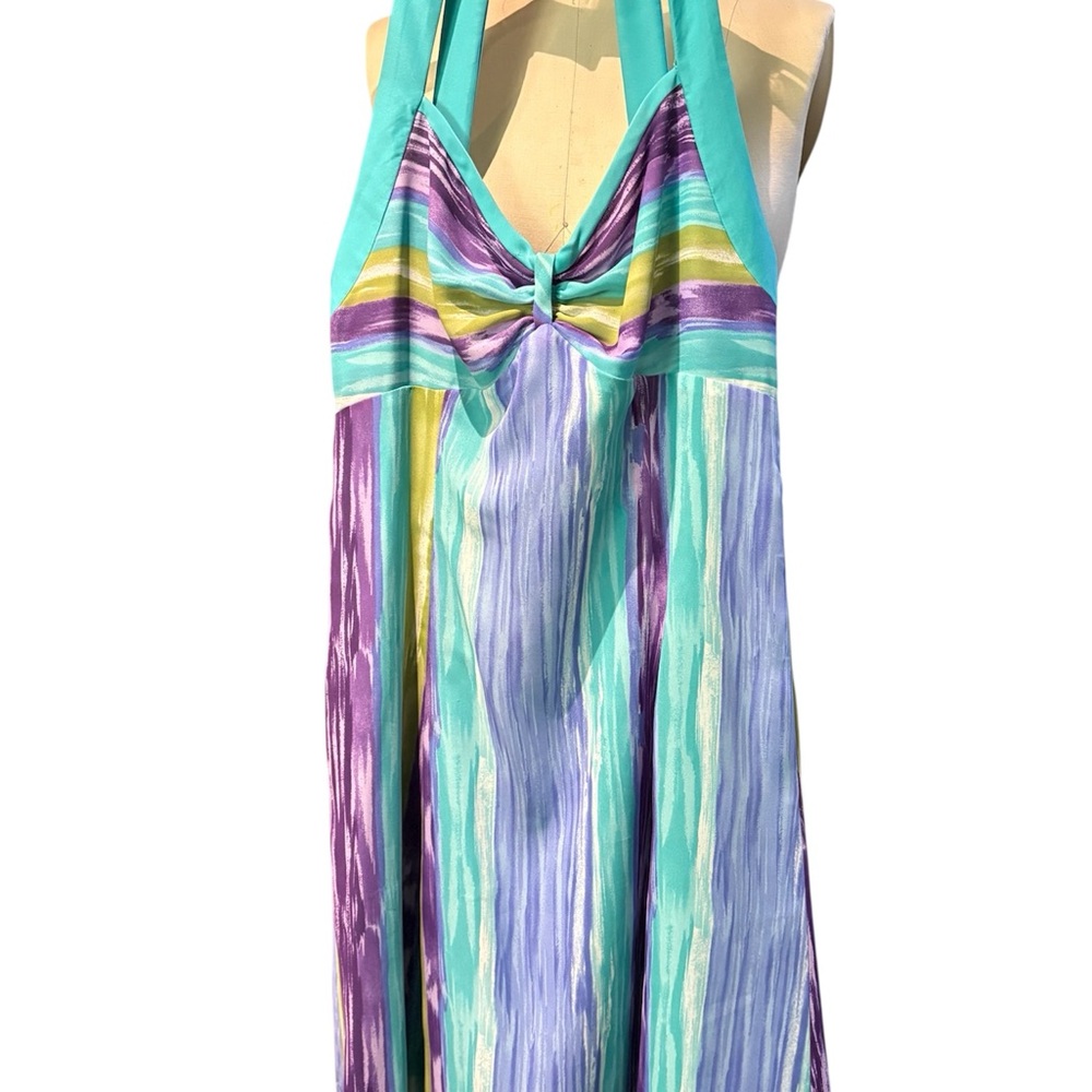 Vintage 70s Halter Midi Dress Ikat Watercolor Stripe Boho Festival Resort Size 4